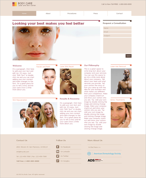 free skin clinic website template
