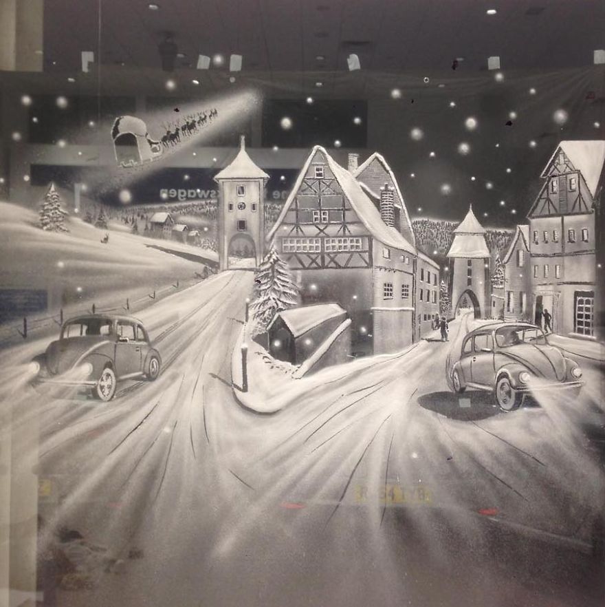 Artist Uses Snow Spray To Create Incredible Winter Scenes On Window Panes