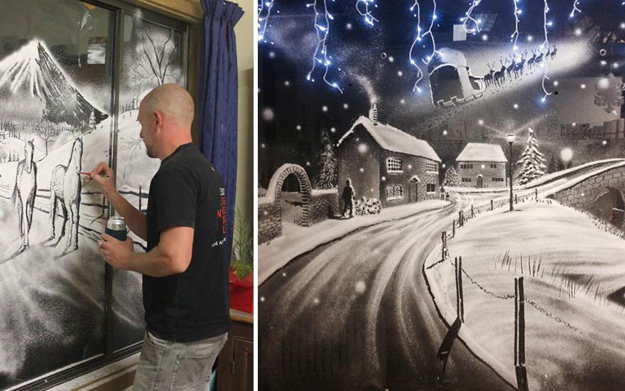 Artist Uses Snow Spray To Create Incredible Winter Scenes On Window Panes