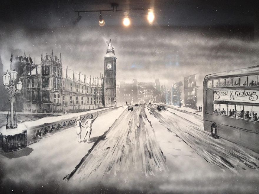 Artist Uses Snow Spray To Create Incredible Winter Scenes On Window Panes