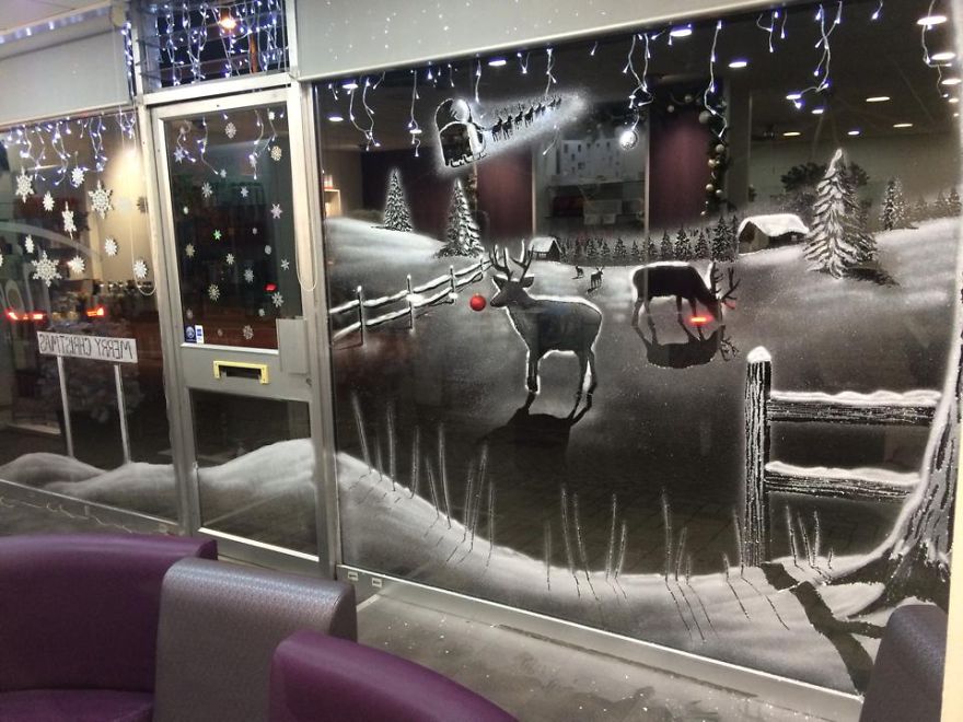 Artist Uses Snow Spray To Create Incredible Winter Scenes On Window Panes