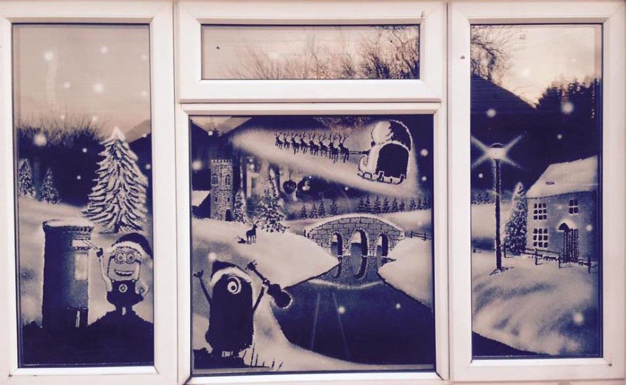 Artist Uses Snow Spray To Create Incredible Winter Scenes On Window Panes