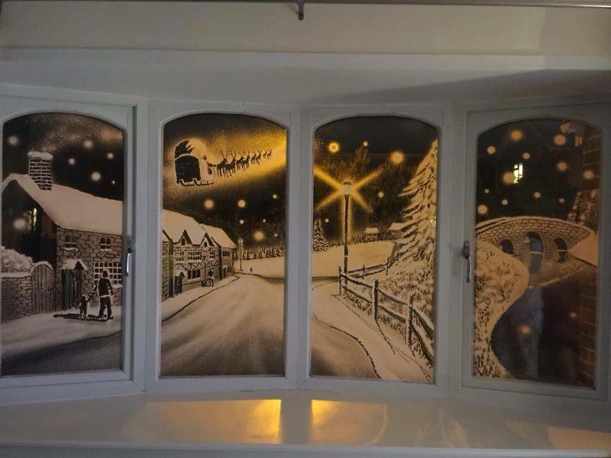 Artist Uses Snow Spray To Create Incredible Winter Scenes On Window Panes