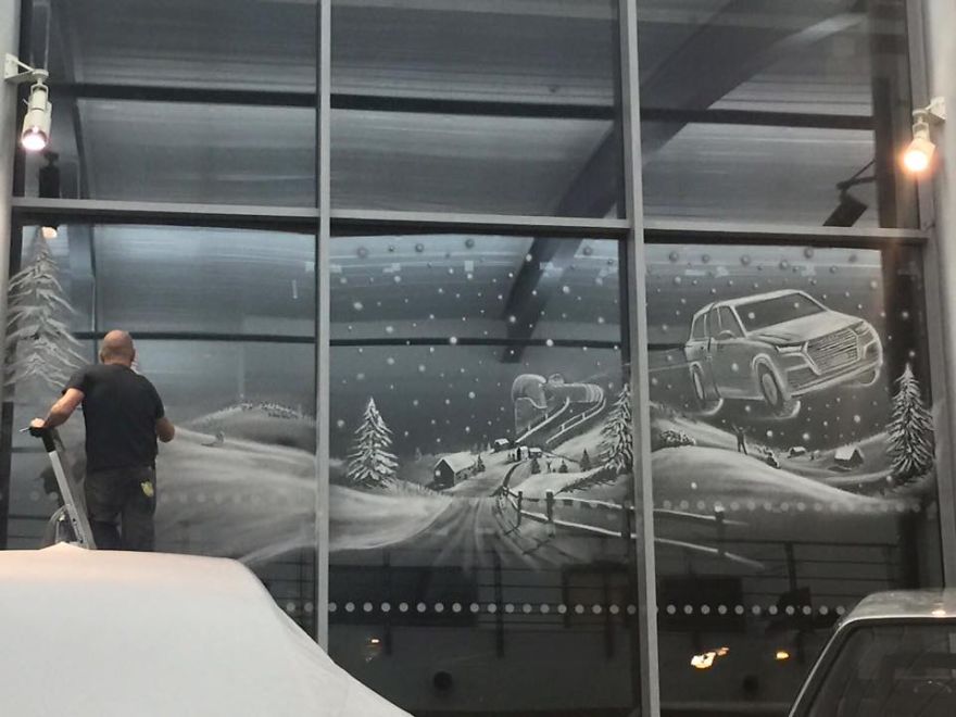 Artist Uses Snow Spray To Create Incredible Winter Scenes On Window Panes