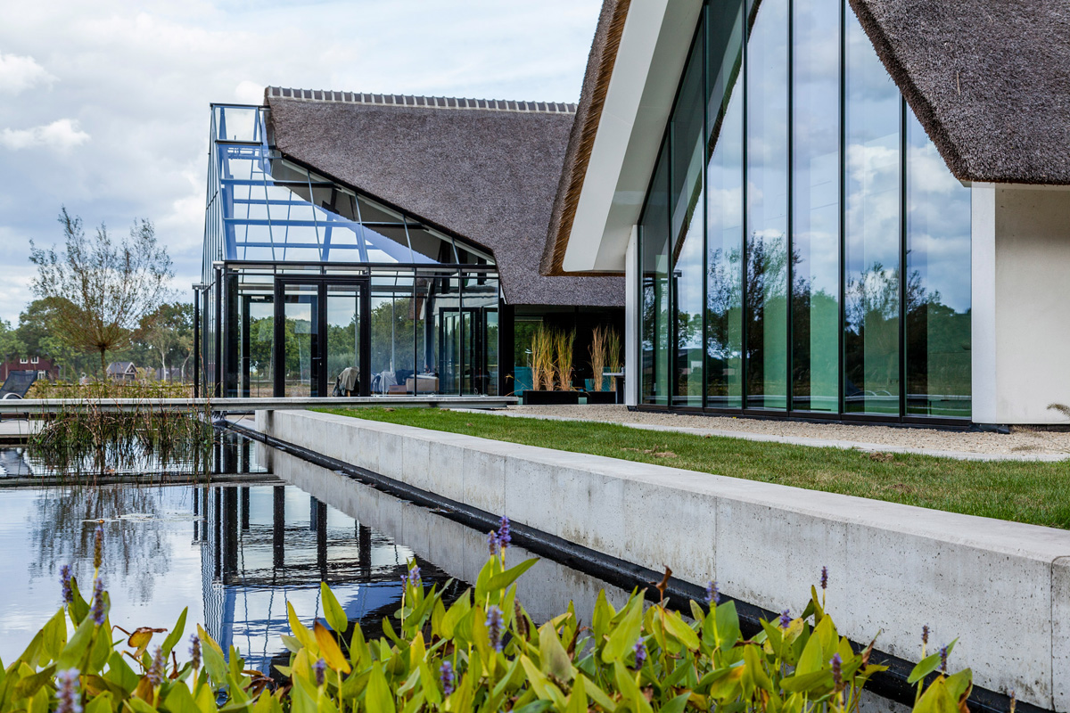 modern villa with glass and wood elements