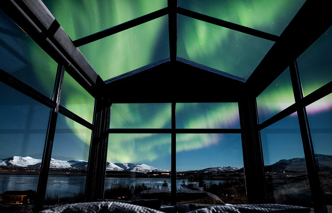 Night Under The Northern Lights: Panorama Glass House In Iceland
