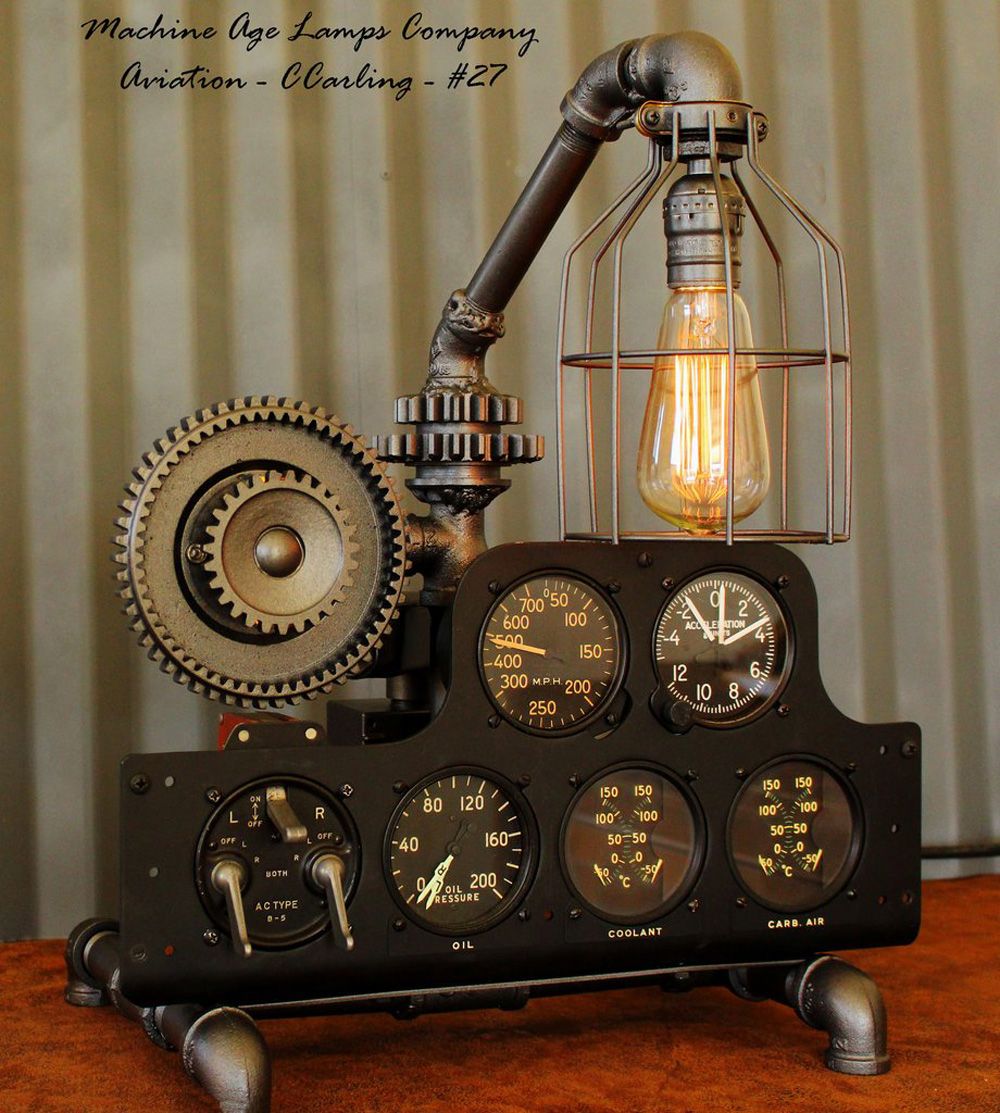 Shaded Industrial Steampunk table pipe lamp with Radio Edison bulb and Weathered wood base 