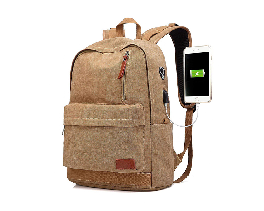 Canvas Laptop Backpack, Waterproof School Backpack With USB Charging Port