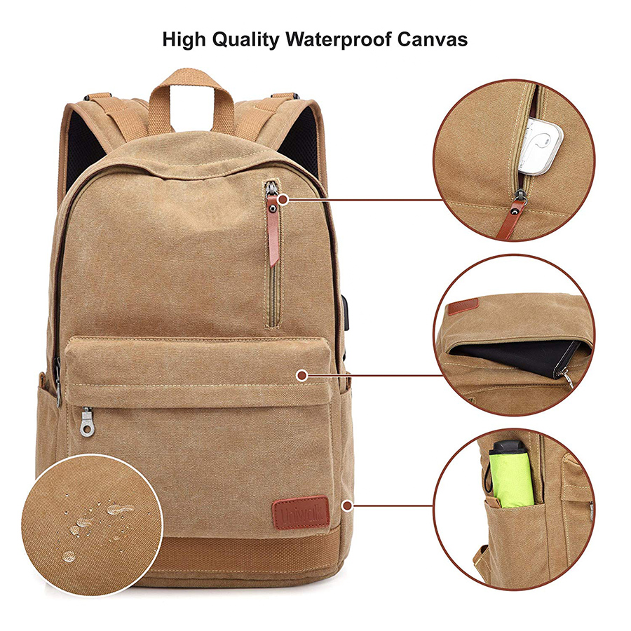 Canvas Laptop Backpack, Waterproof School Backpack With USB Charging Port