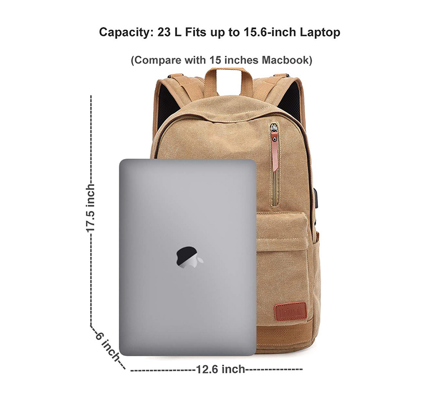 Canvas Laptop Backpack, Waterproof School Backpack With USB Charging Port