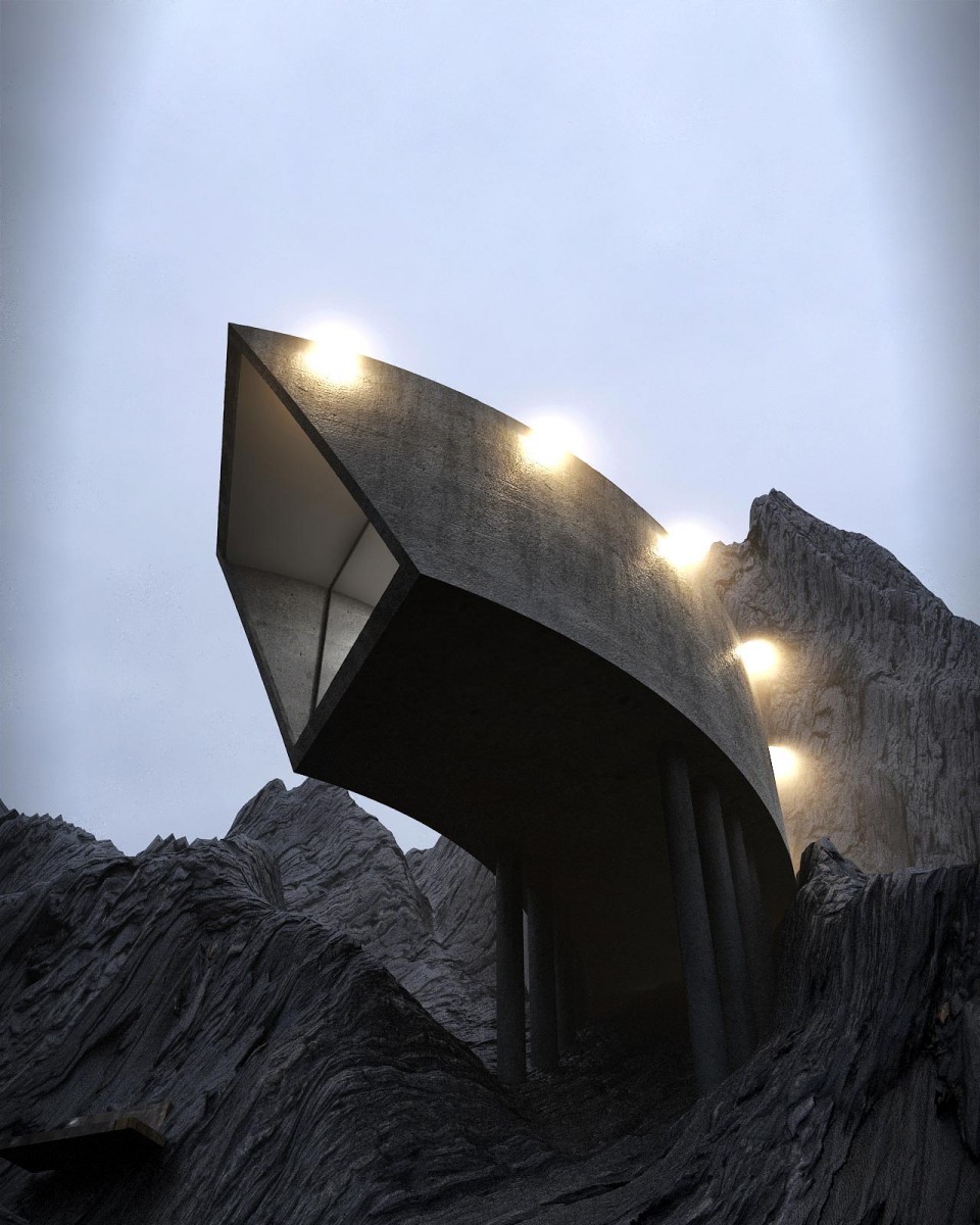 futuristic concrete house on a cliff