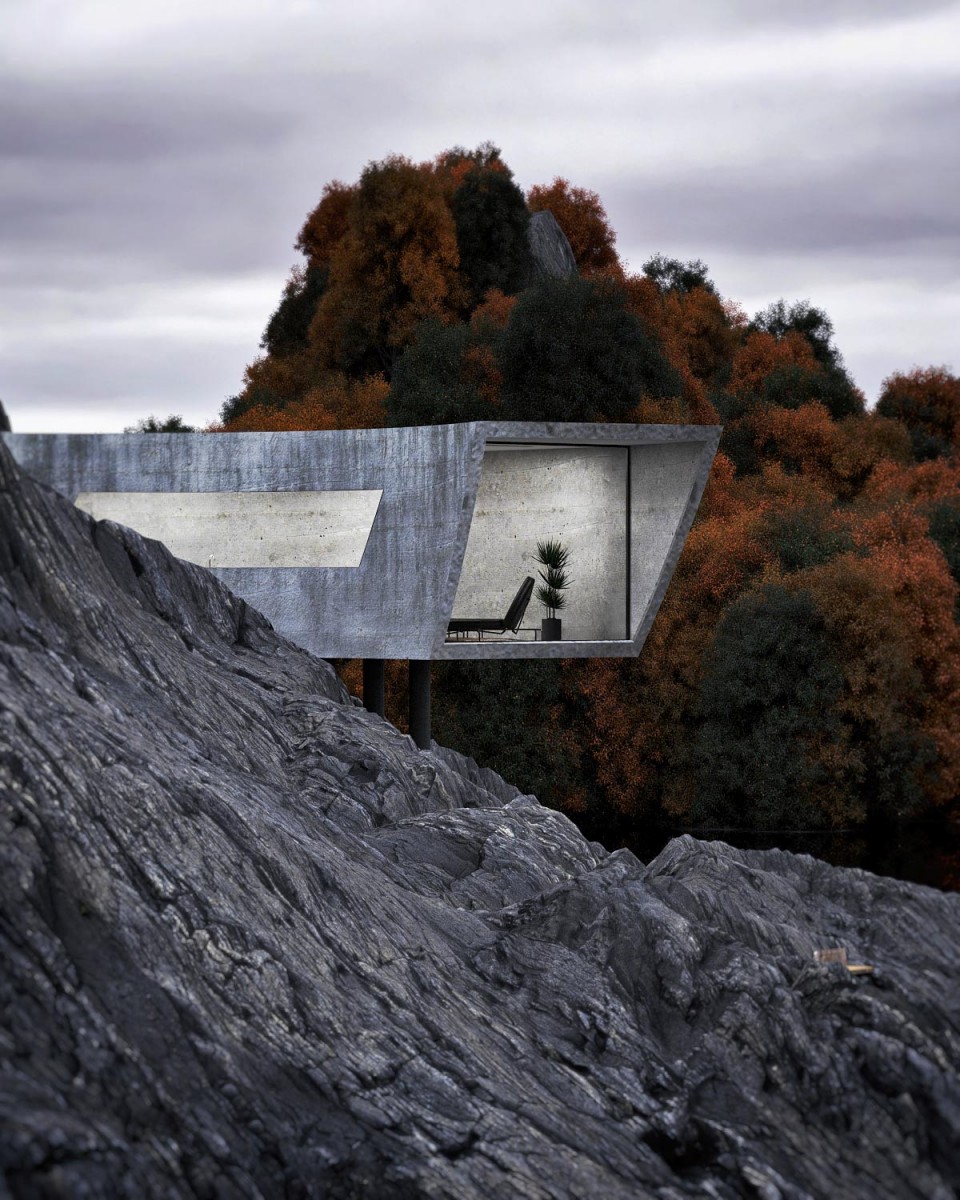 futuristic concrete house on a rock