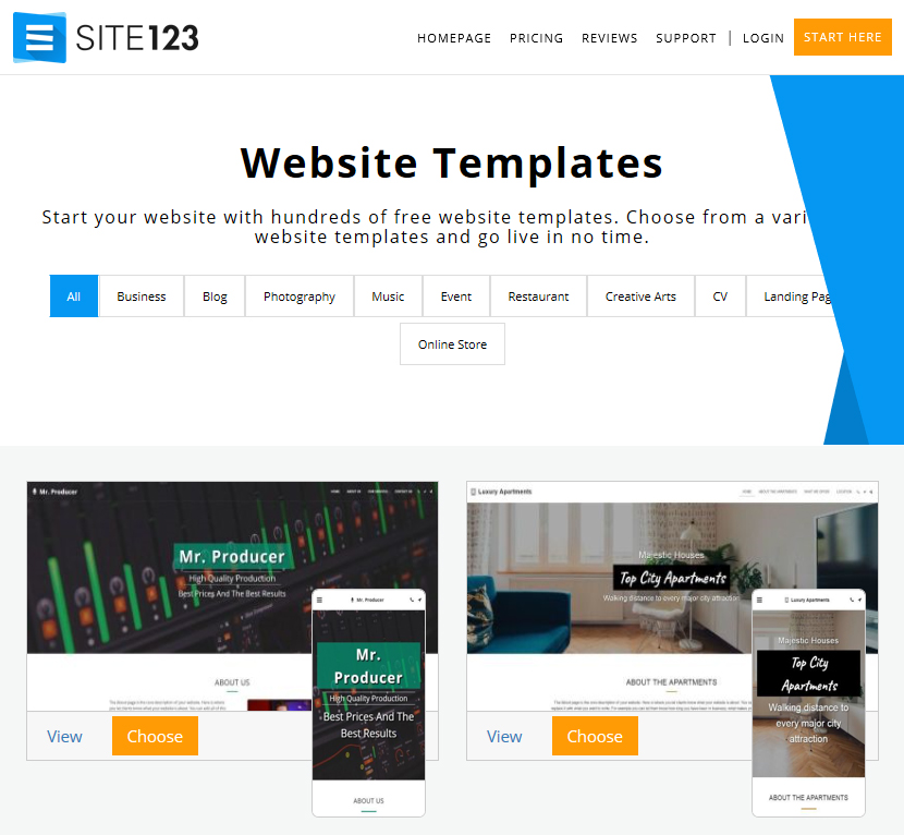 SITE123 free easy website builder templates
