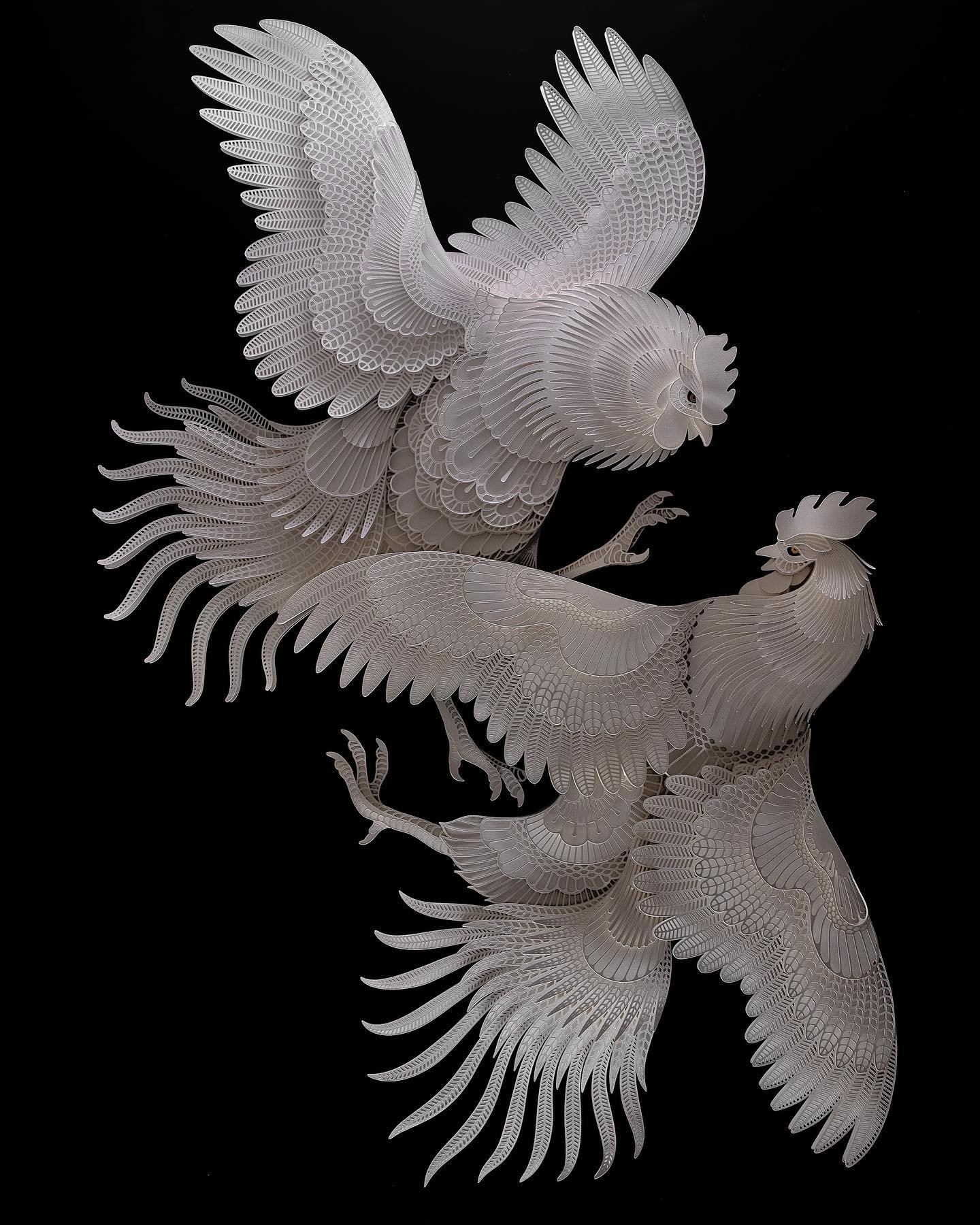 roosters relief paper sculpture