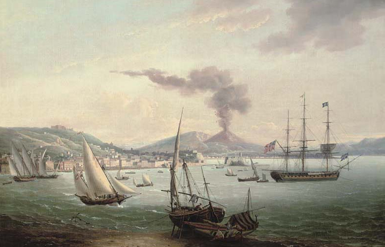 An English frigate amidst much activity in the Bay of Naples with Vesuvius erupting beyond