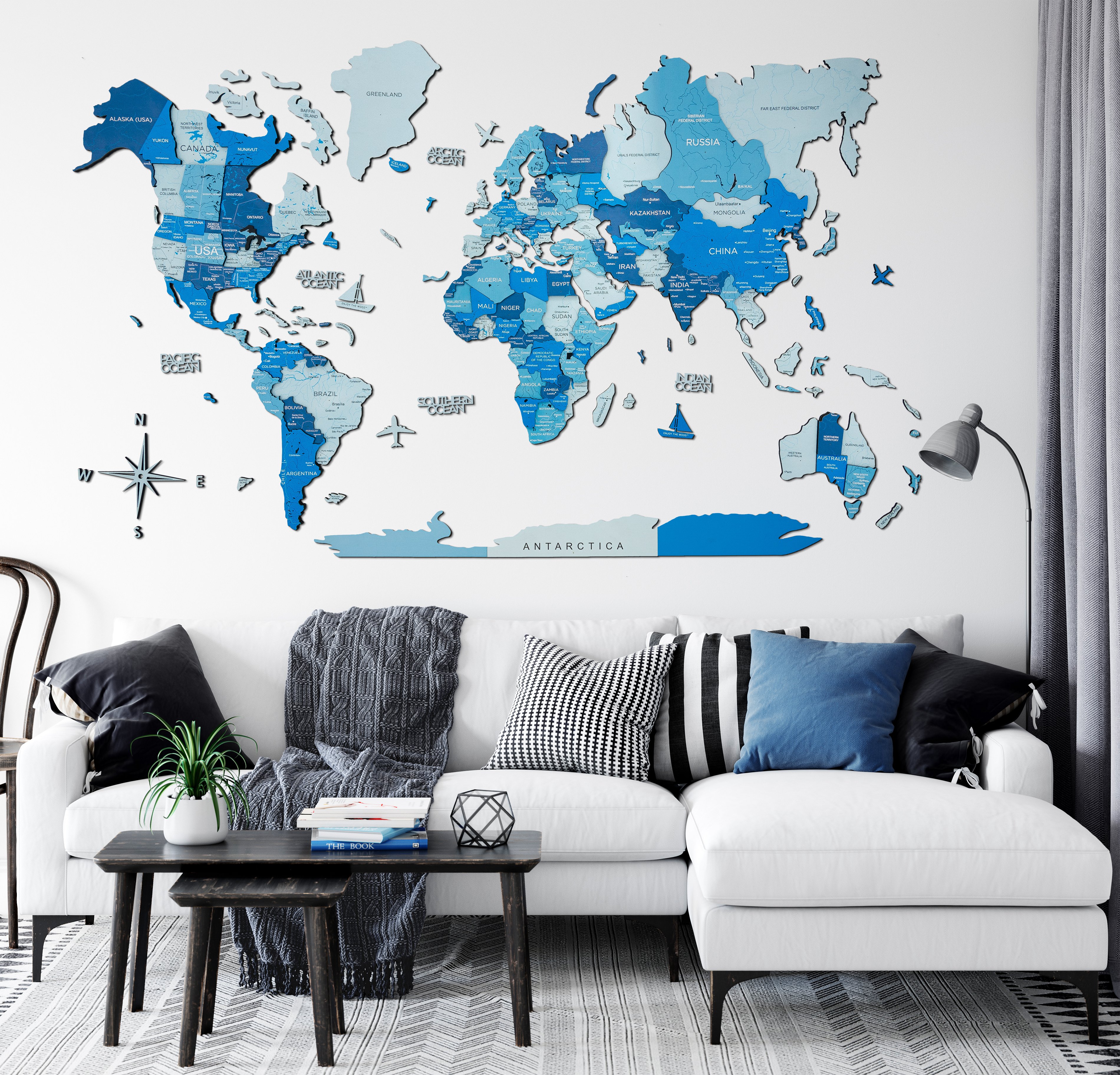 3D Wooden World Map Azure