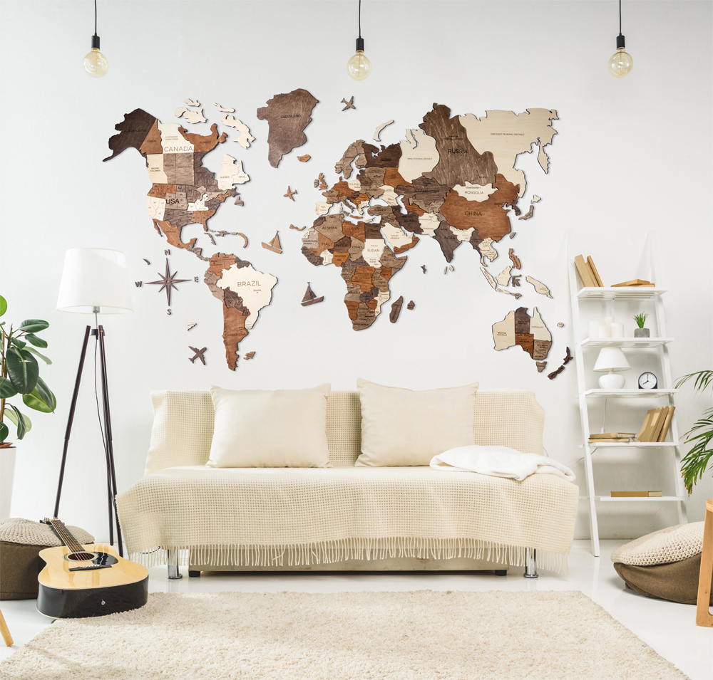 3D Wooden World Map Multicolor