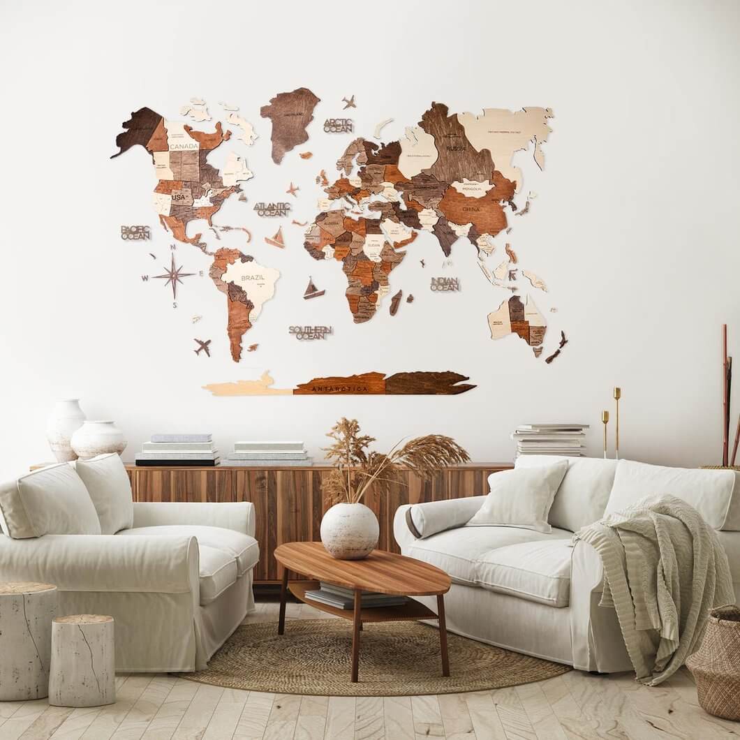 3D Wooden World Map Multicolor