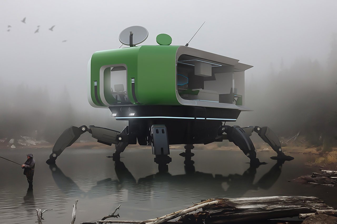 futuristic mobile home with mechanical legs