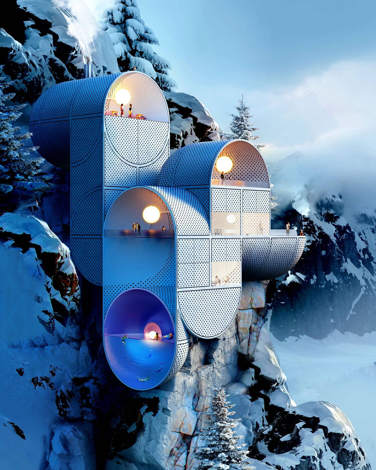 Conceptual Mountain Lodge on Rocky Ledge