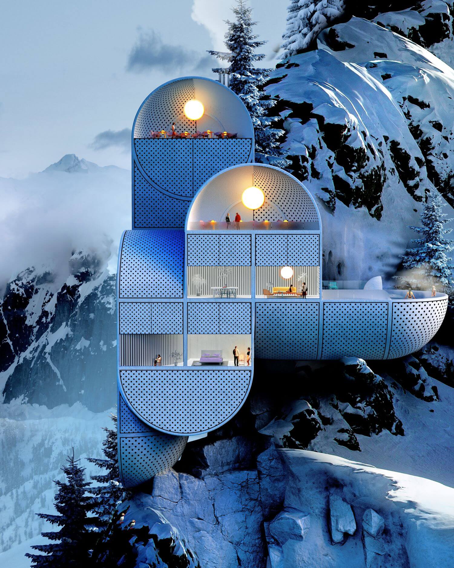 Conceptual Mountain Lodge on Rocky Ledge