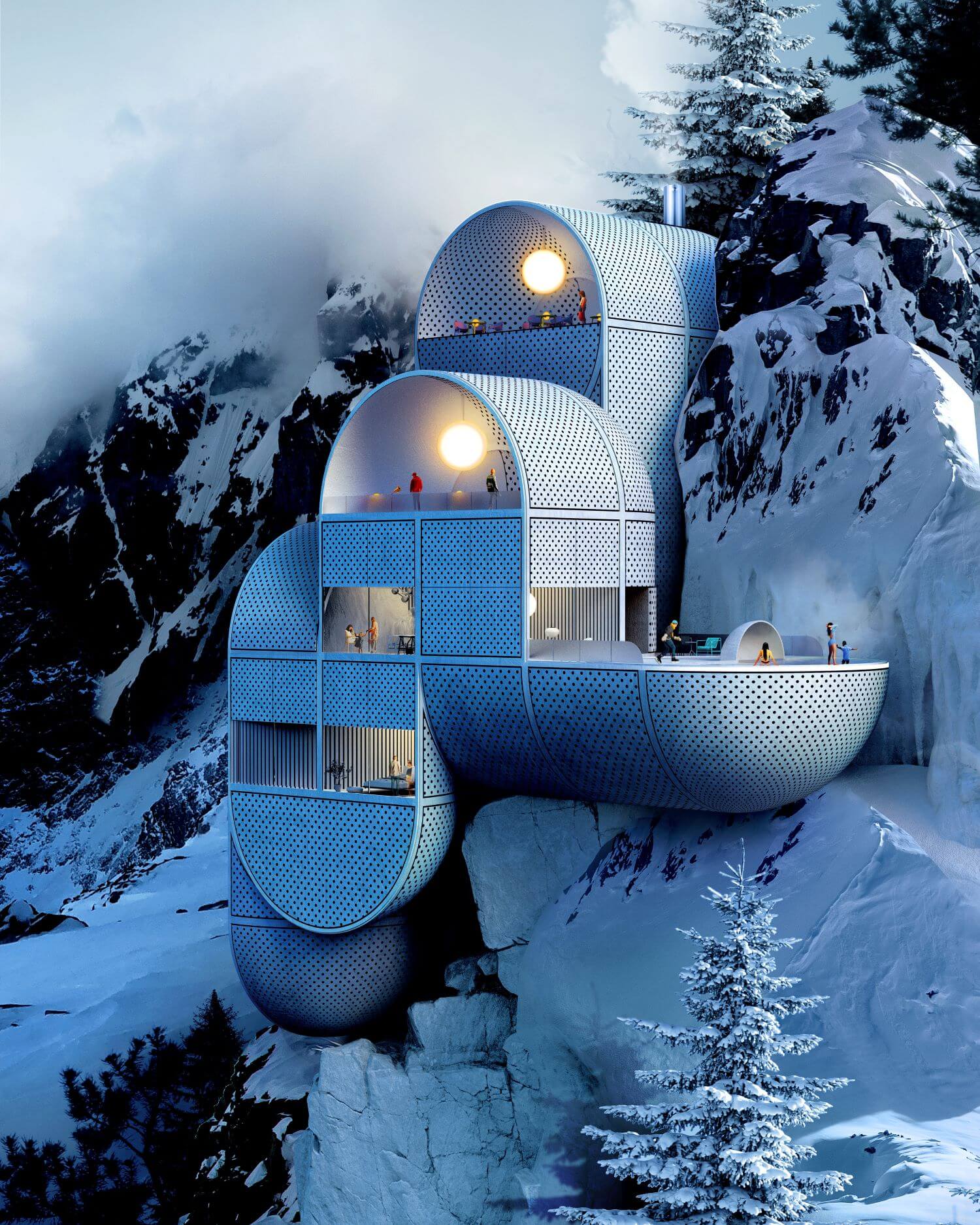 Conceptual Mountain Lodge on Rocky Ledge