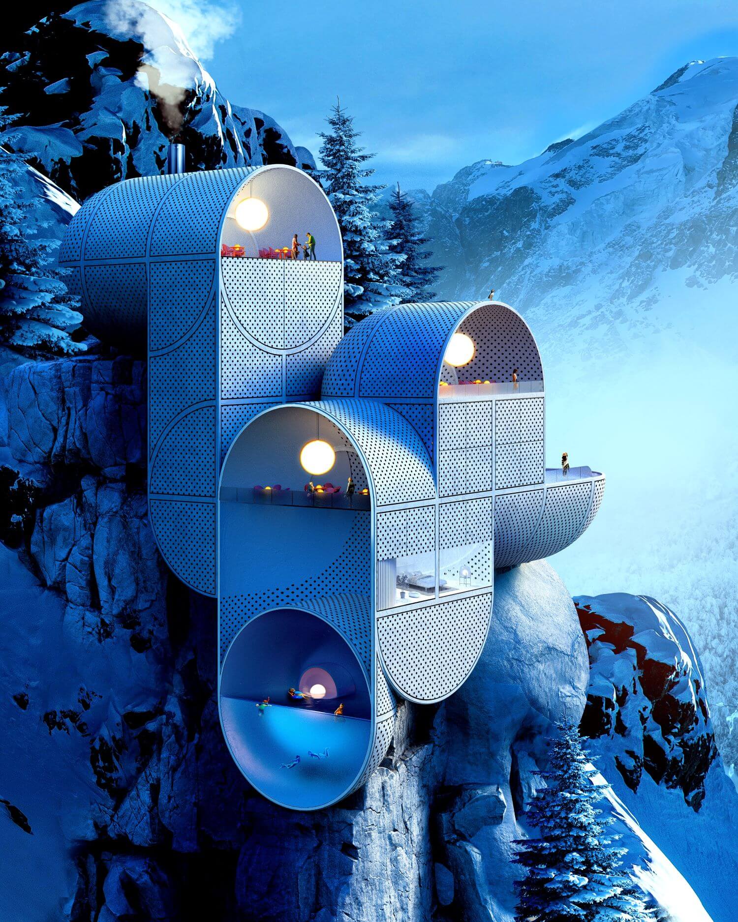 Conceptual Mountain Lodge on Rocky Ledge