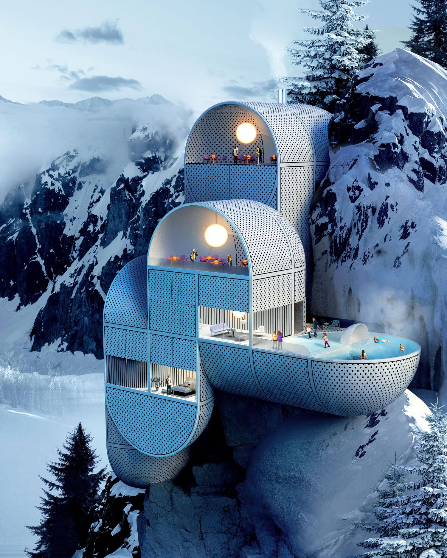 Conceptual Mountain Lodge on Rocky Ledge