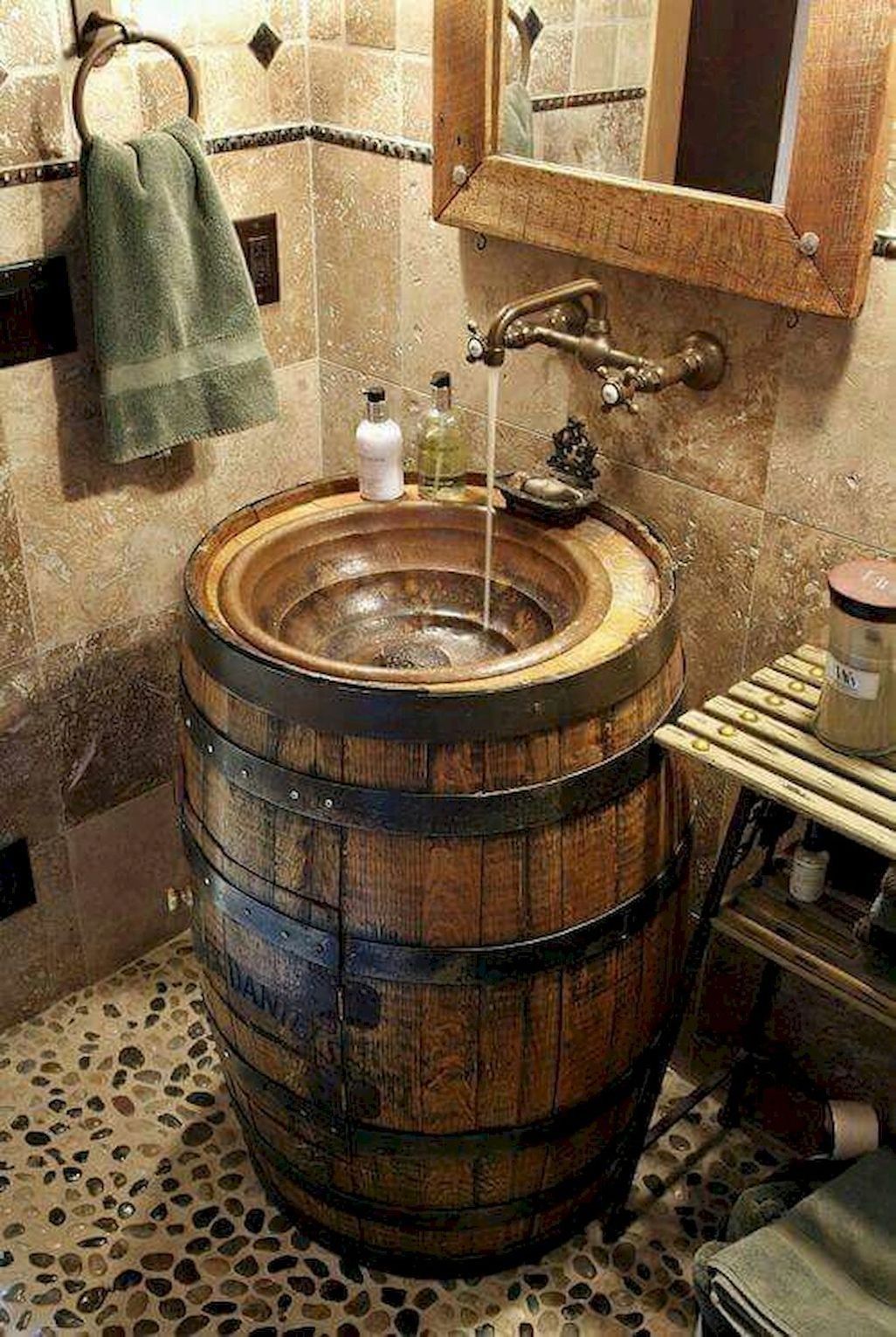 Compact DIY vanity unit with whiskey barrel sink