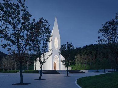 Chamber Church with Illuminated Layered Silhouettes by RSAA