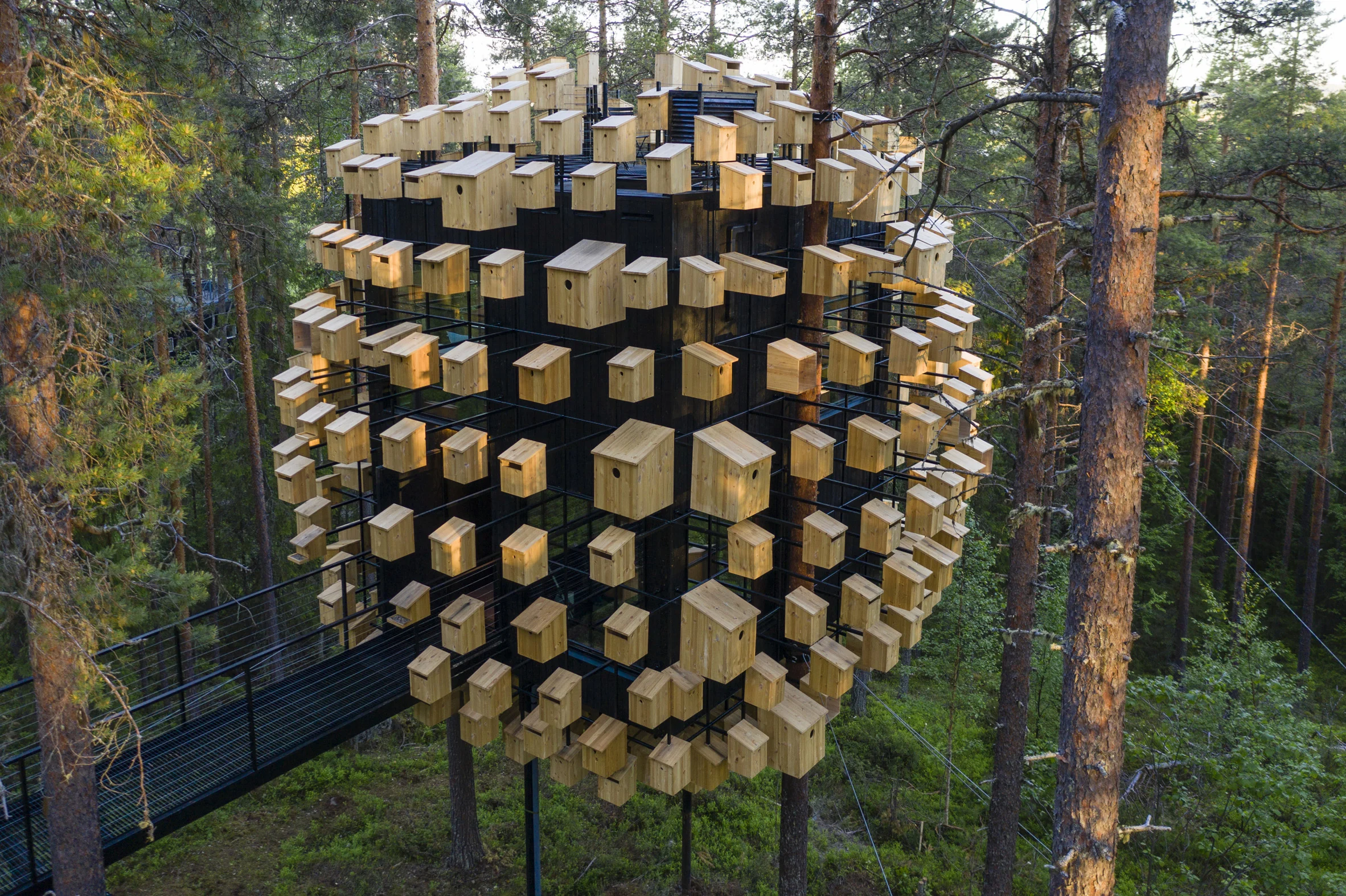 350 Bird Houses Cover This Suspended Hotel Room in a Swedish Forest