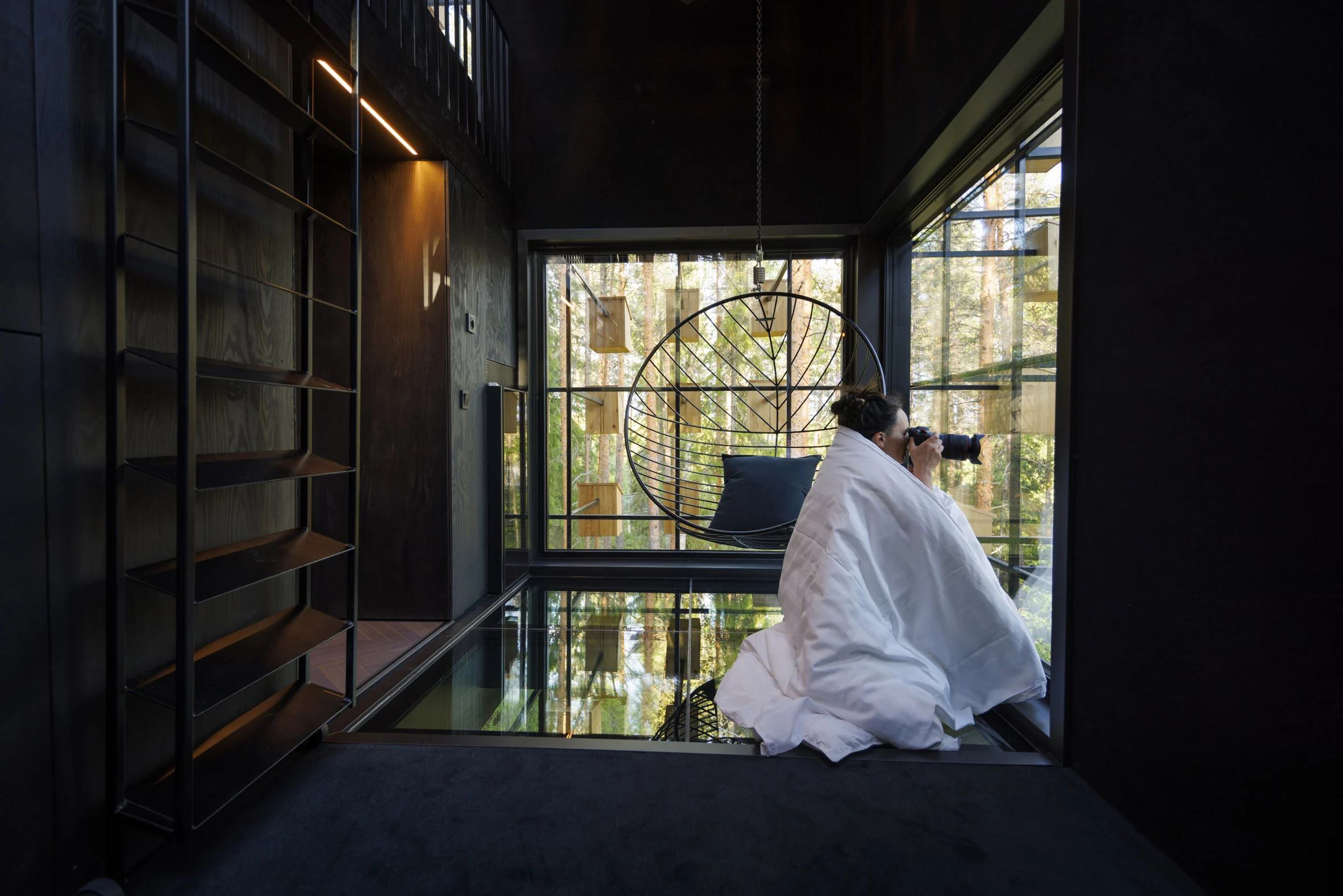 350 Bird Houses Cover This Suspended Hotel Room in a Swedish Forest