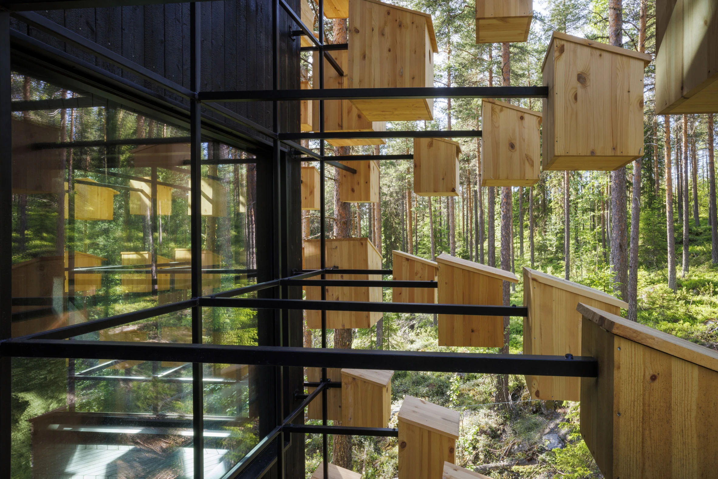 350 Bird Houses Cover This Suspended Hotel Room in a Swedish Forest