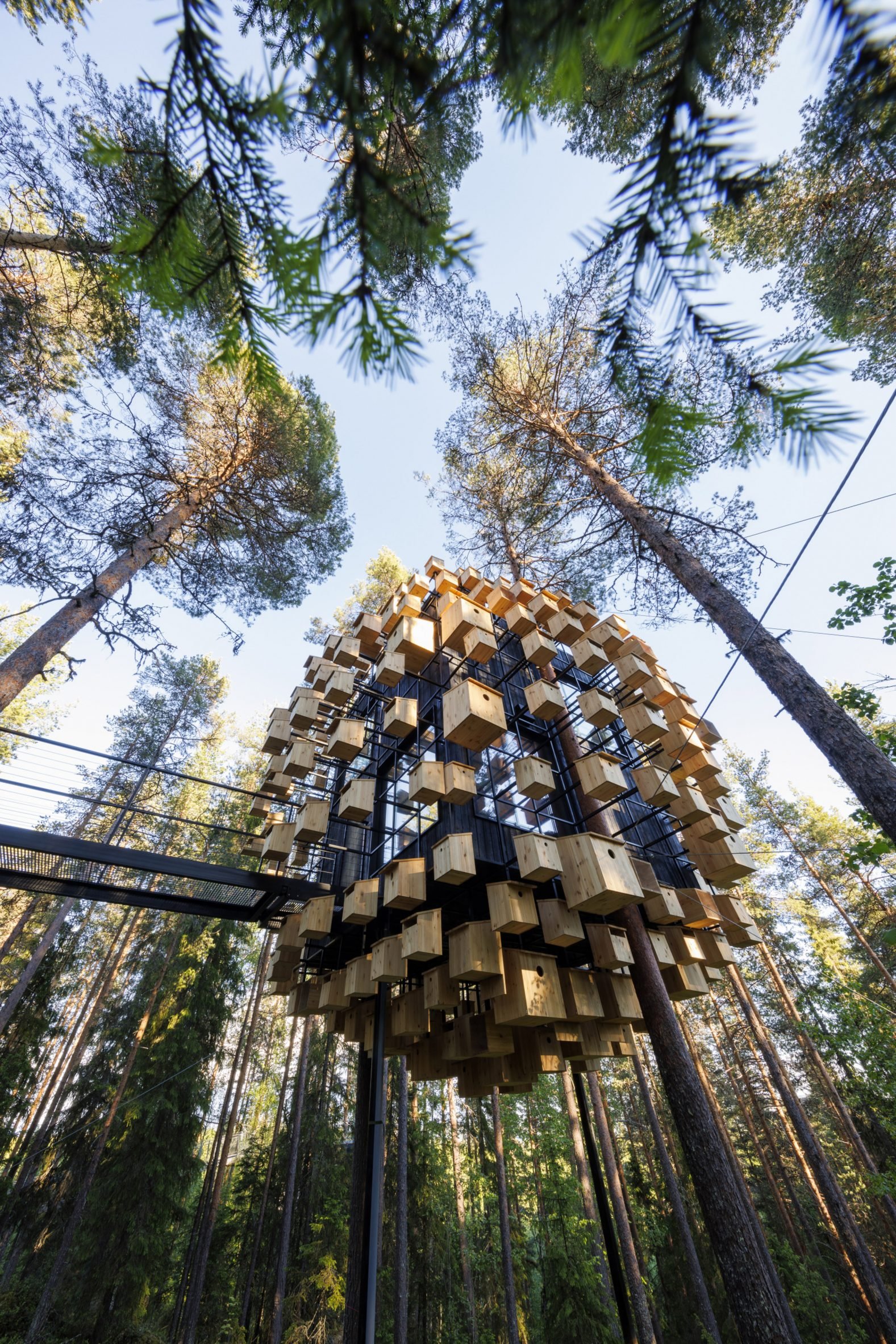 350 Bird Houses Cover This Suspended Hotel Room in a Swedish Forest