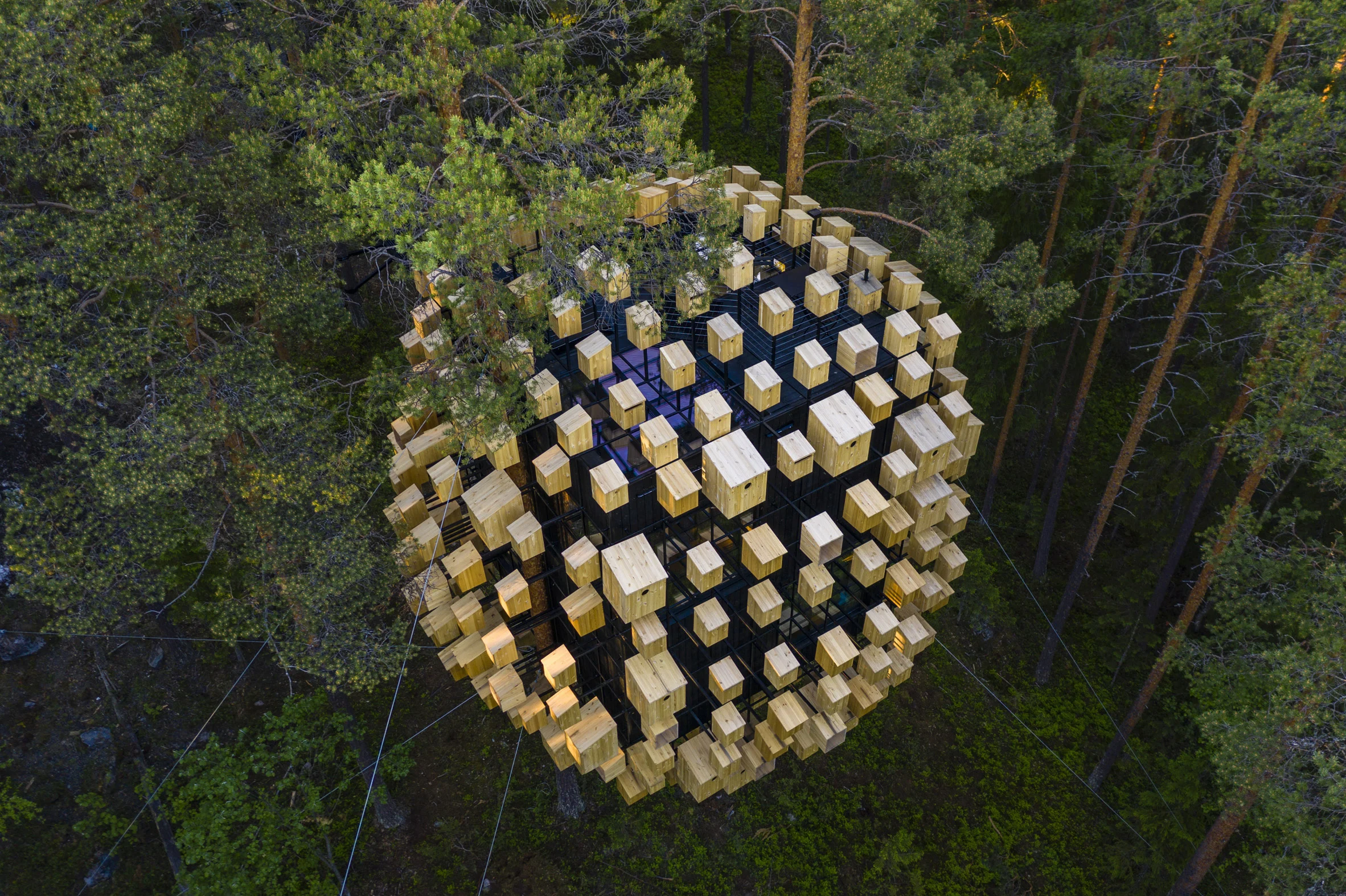 350 Bird Houses Cover This Suspended Hotel Room in a Swedish Forest