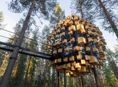 350 Bird Houses Cover This Suspended Hotel Room in a Swedish Forest