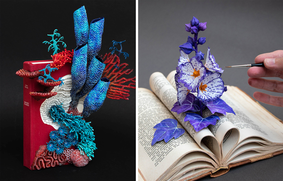 ecosystems of fungi and coral inhabit vintage books in Stéphanie Kilgast’s intricate sculptures