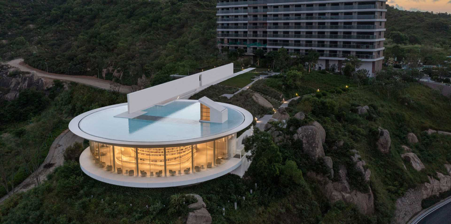 Clifftop Library in China with Circular Pool