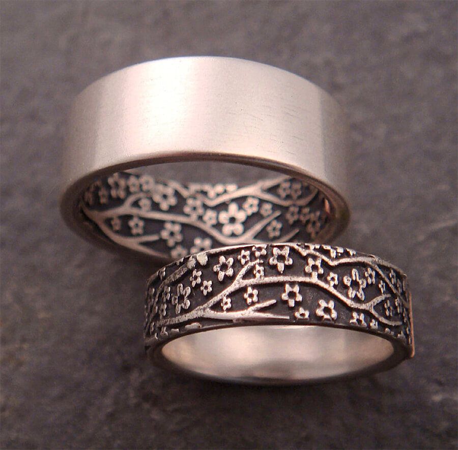 Narrow Wedding Band with Cherry Blossom Pattern