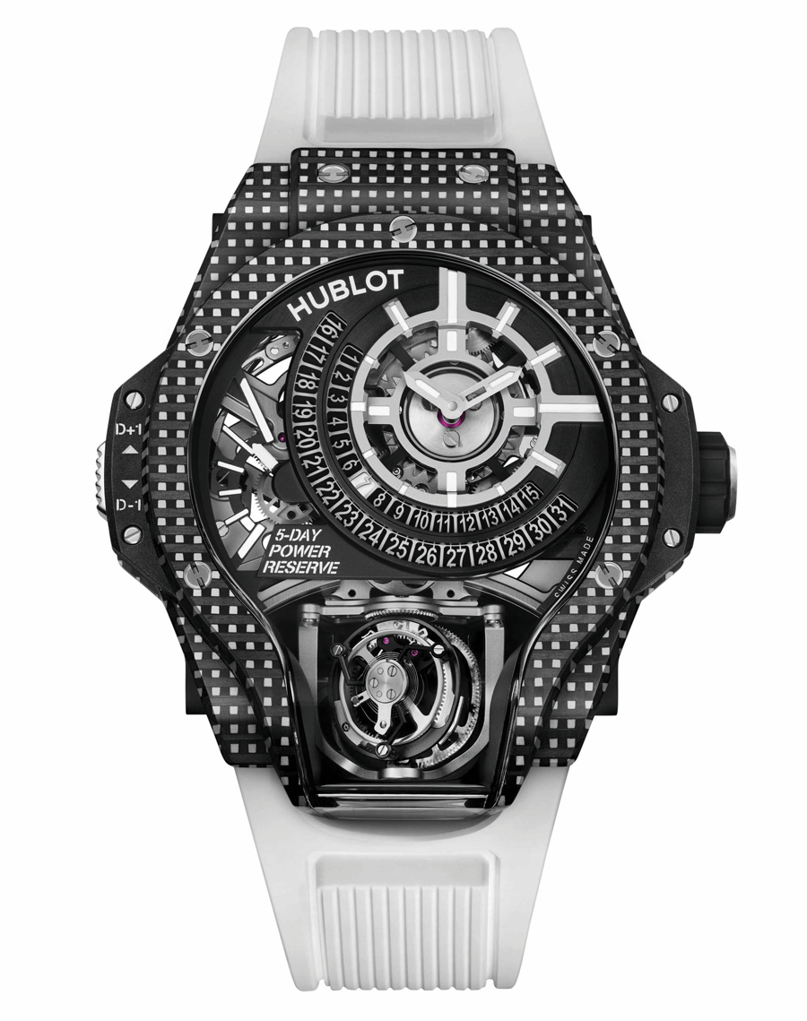 Jam Tangan Hublot MP-09 Tourbillon Bi-Axis Warna Karbon 3D Putih, Oranye, dan Ungu