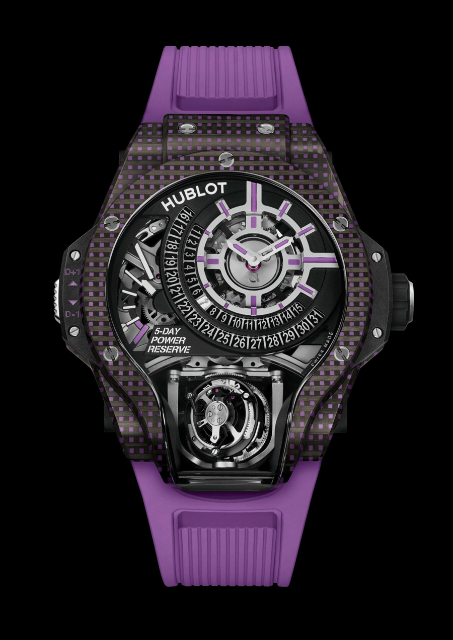 Hublot MP-09 Tourbillon Bi-Axis Watches In White, Orange, And Violet 3D Carbon