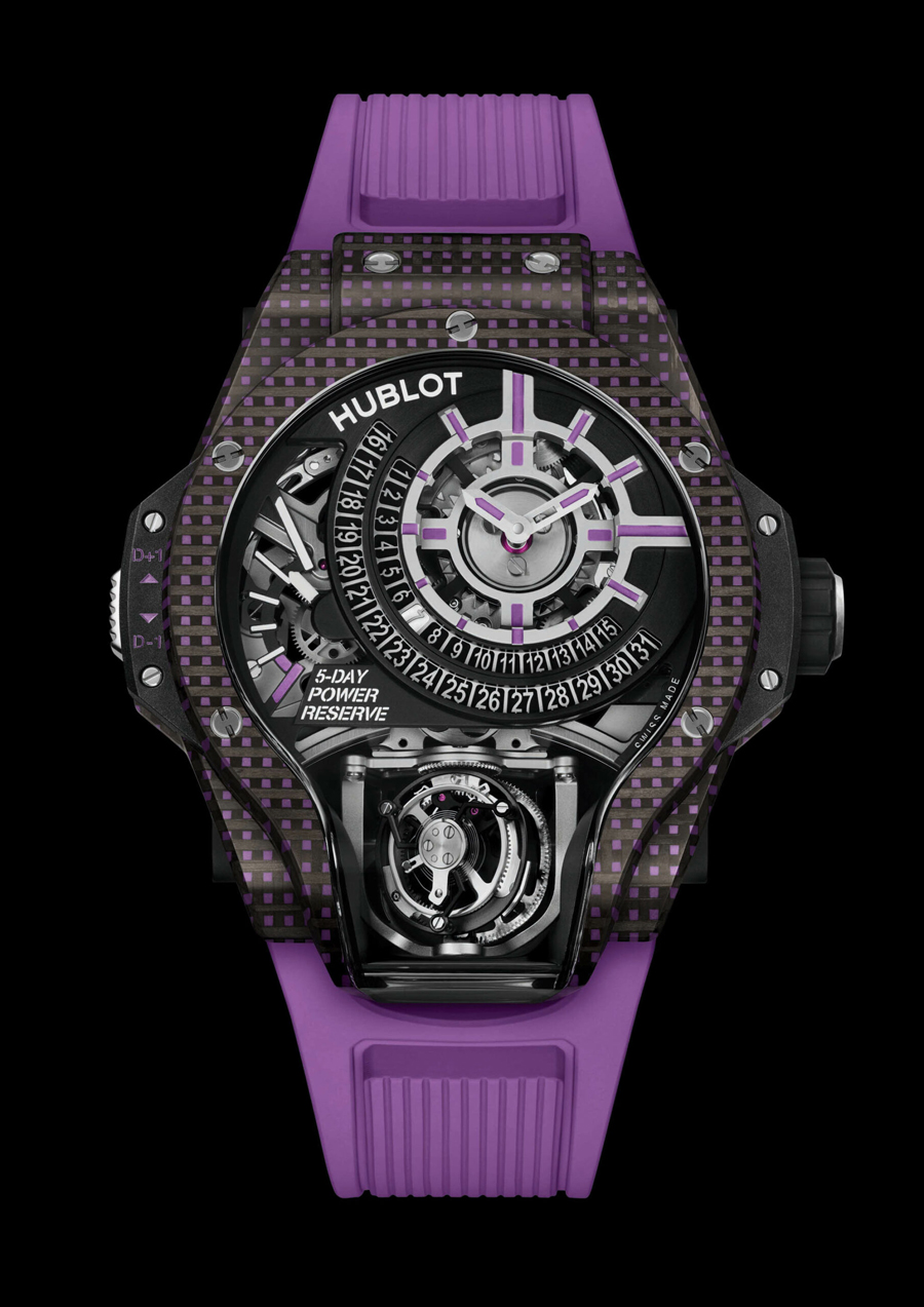 Jam Tangan Hublot MP-09 Tourbillon Bi-Axis Warna Karbon 3D Putih, Oranye, dan Ungu