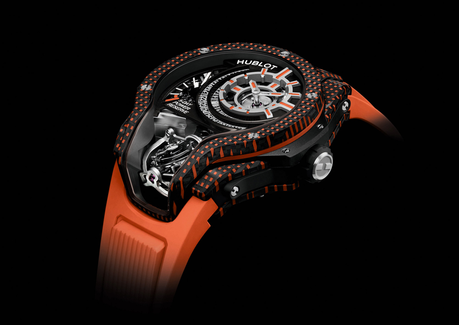 Jam Tangan Hublot MP-09 Tourbillon Bi-Axis Warna Karbon 3D Putih, Oranye, dan Ungu