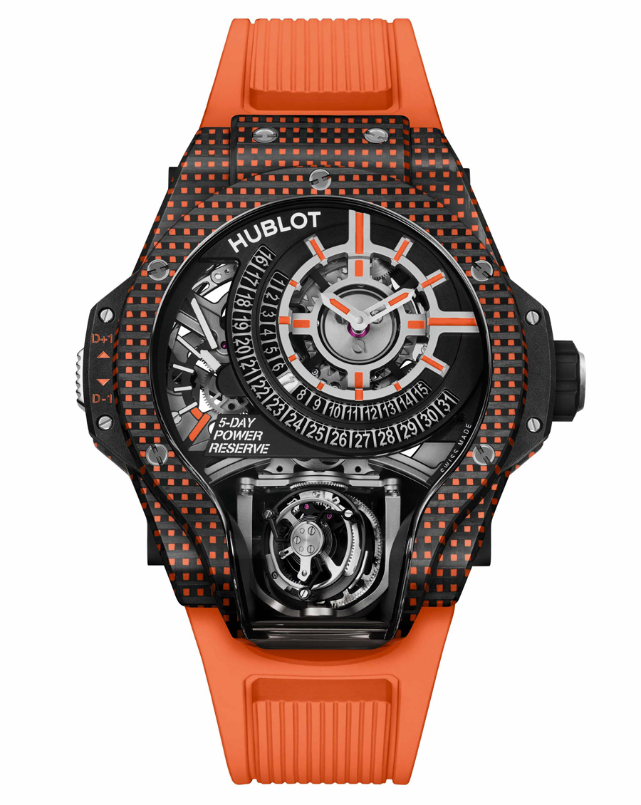 Hublot MP-09 Tourbillon Bi-Axis Watches In White, Orange, And Violet 3D Carbon