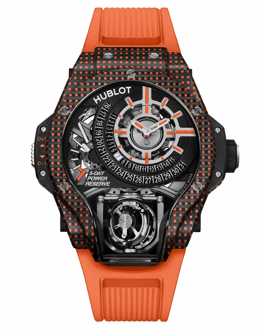 Jam Tangan Hublot MP-09 Tourbillon Bi-Axis Warna Karbon 3D Putih, Oranye, dan Ungu