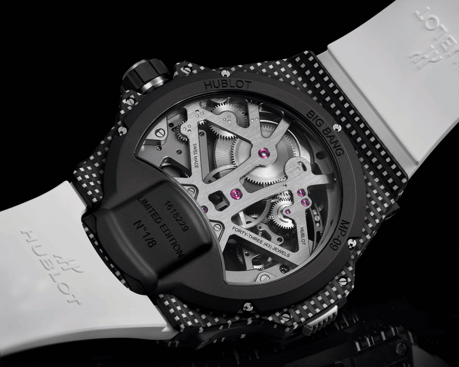 Hublot MP-09 Tourbillon Bi-Axis Watches In White, Orange, And Violet 3D Carbon