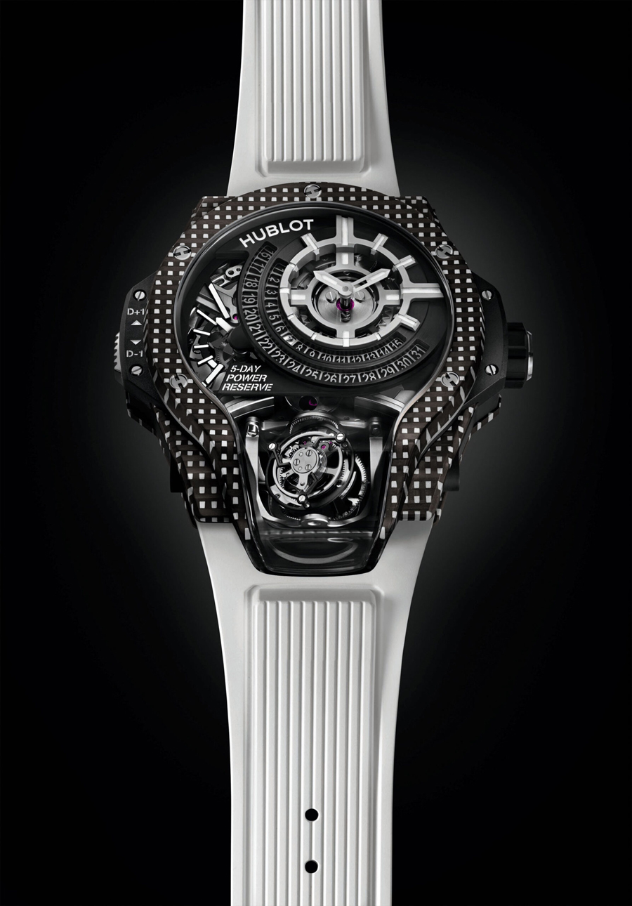Jam Tangan Hublot MP-09 Tourbillon Bi-Axis Warna Karbon 3D Putih, Oranye, dan Ungu