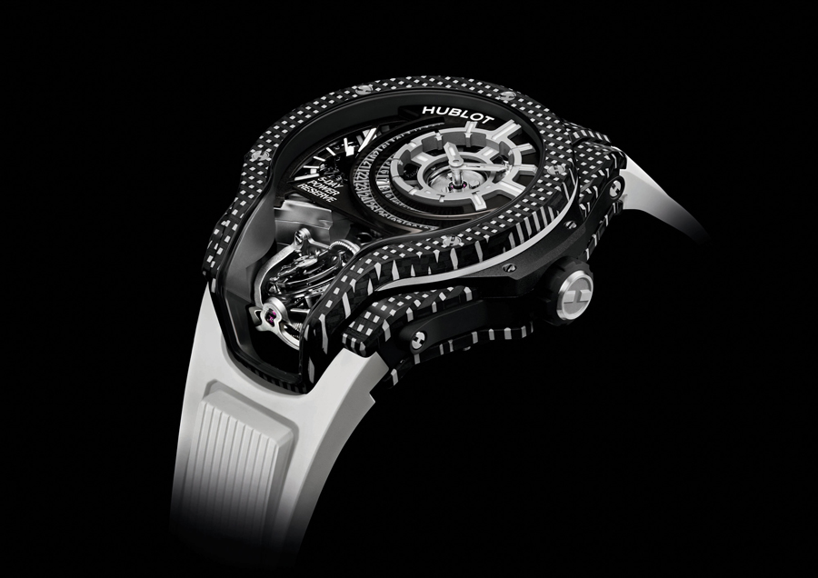 Jam Tangan Hublot MP-09 Tourbillon Bi-Axis Warna Karbon 3D Putih, Oranye, dan Ungu