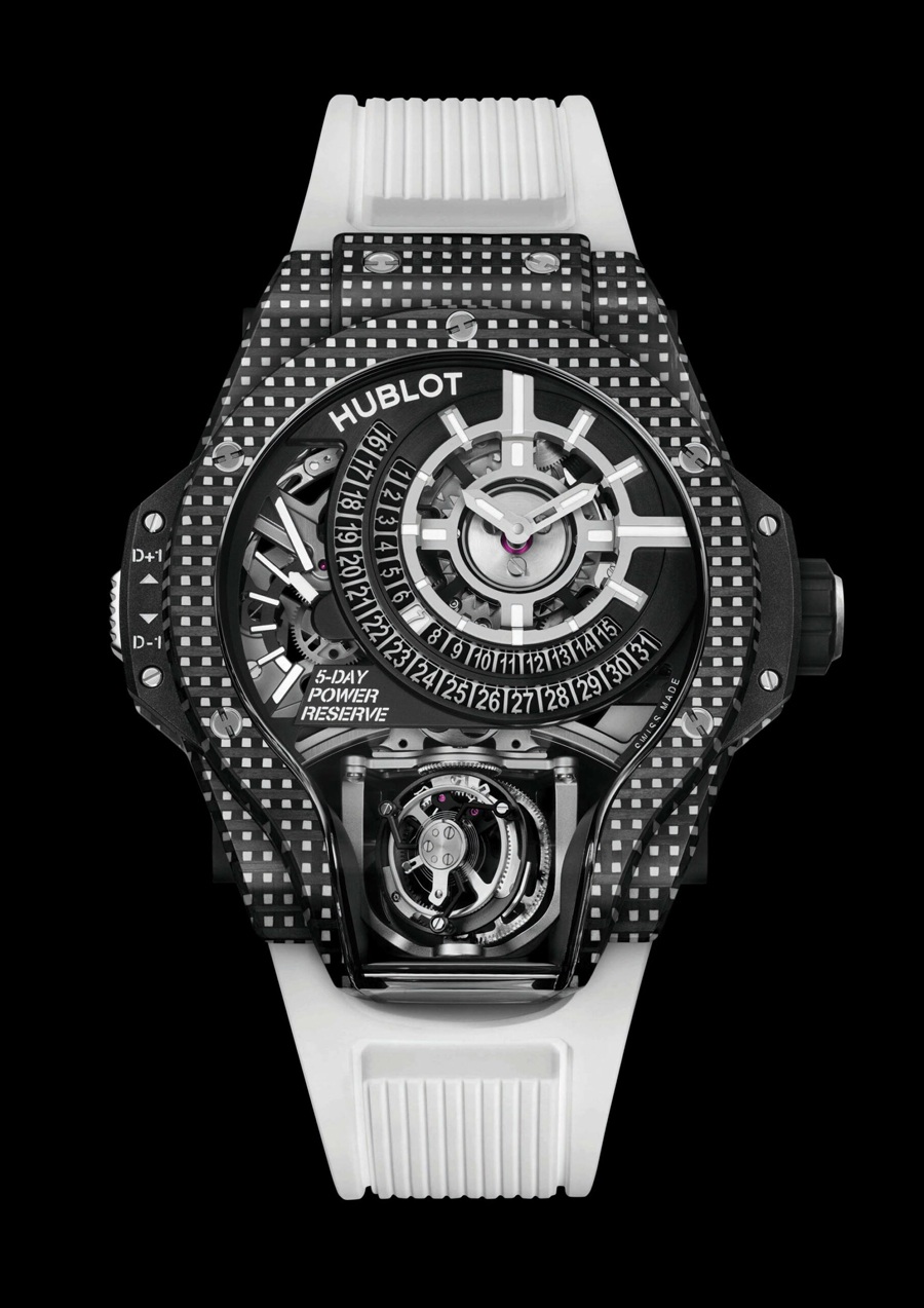 Jam Tangan Hublot MP-09 Tourbillon Bi-Axis Warna Karbon 3D Putih, Oranye, dan Ungu
