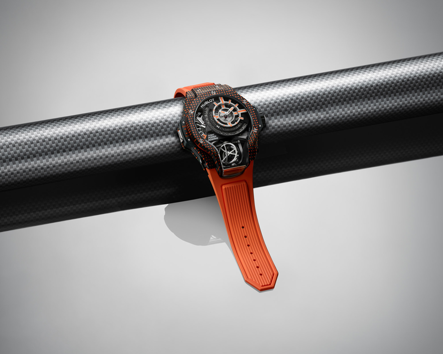 Jam Tangan Hublot MP-09 Tourbillon Bi-Axis Warna Karbon 3D Putih, Oranye, dan Ungu